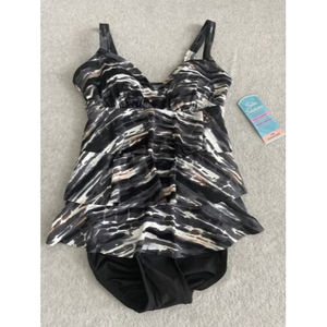 Swim Solutions Black Marble Printed Tiered Tummy Control One-Piece Suit, US Sz 8